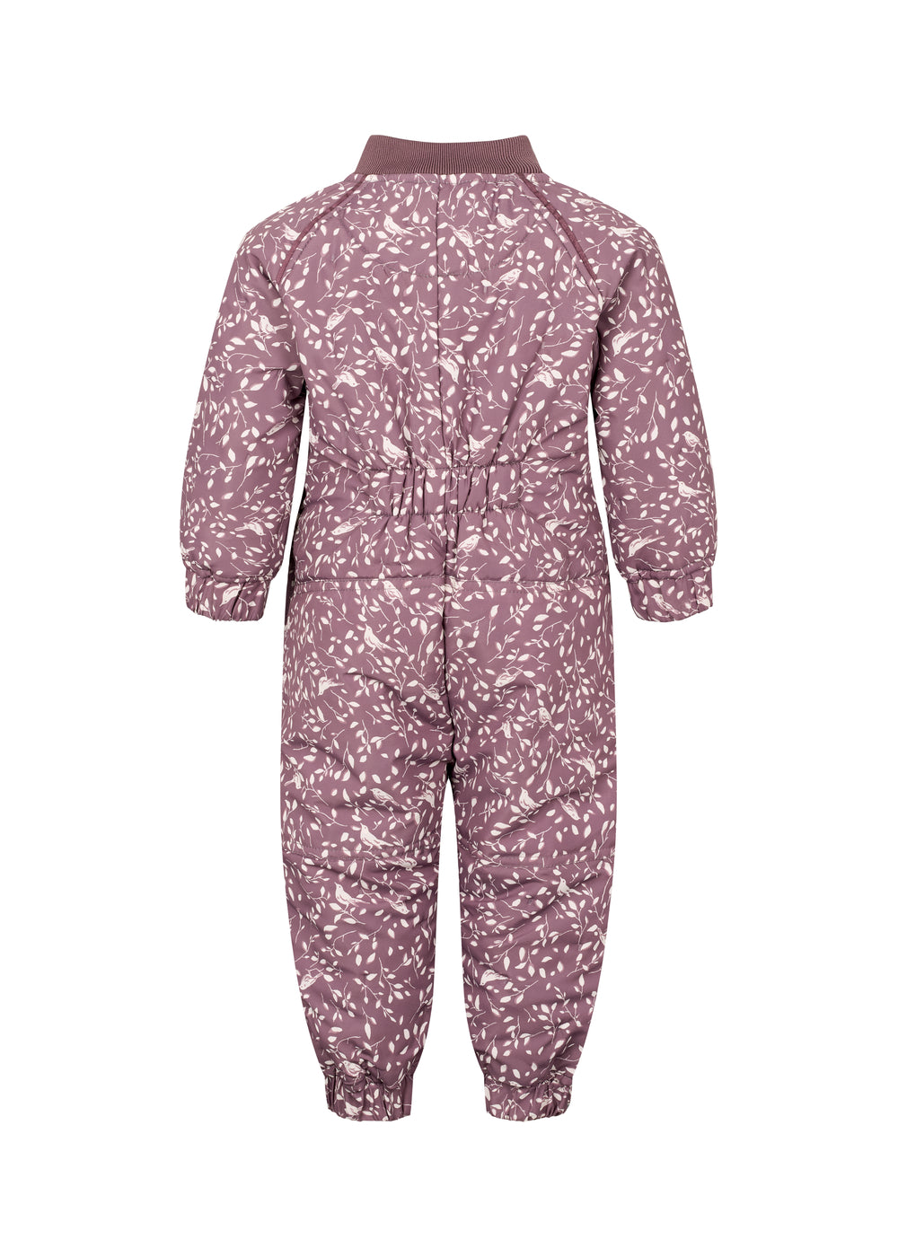 Bagside af støvlilla termodragt til baby med bladmønster og elastik i taljen