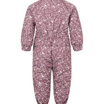 Bagside af støvlilla termodragt til baby med bladmønster og elastik i taljen