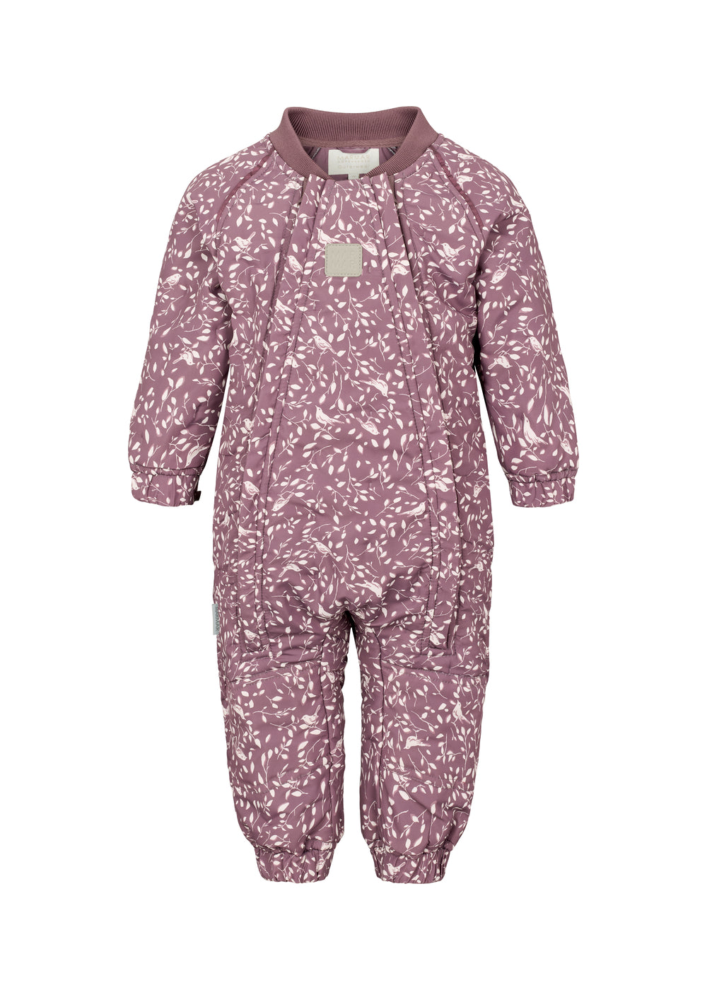 støvlilla termodragt til baby med hvidt bladmønster og ribkrave