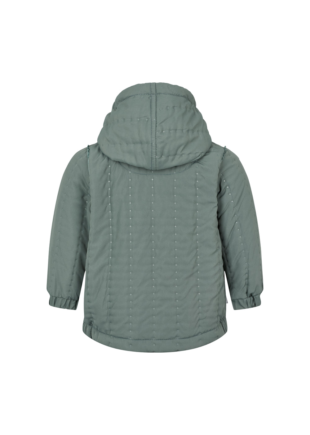 støvet grøn termojakke med hætte og dobbeltradet knaplukning