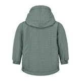 støvet grøn termojakke med hætte og dobbeltradet knaplukning