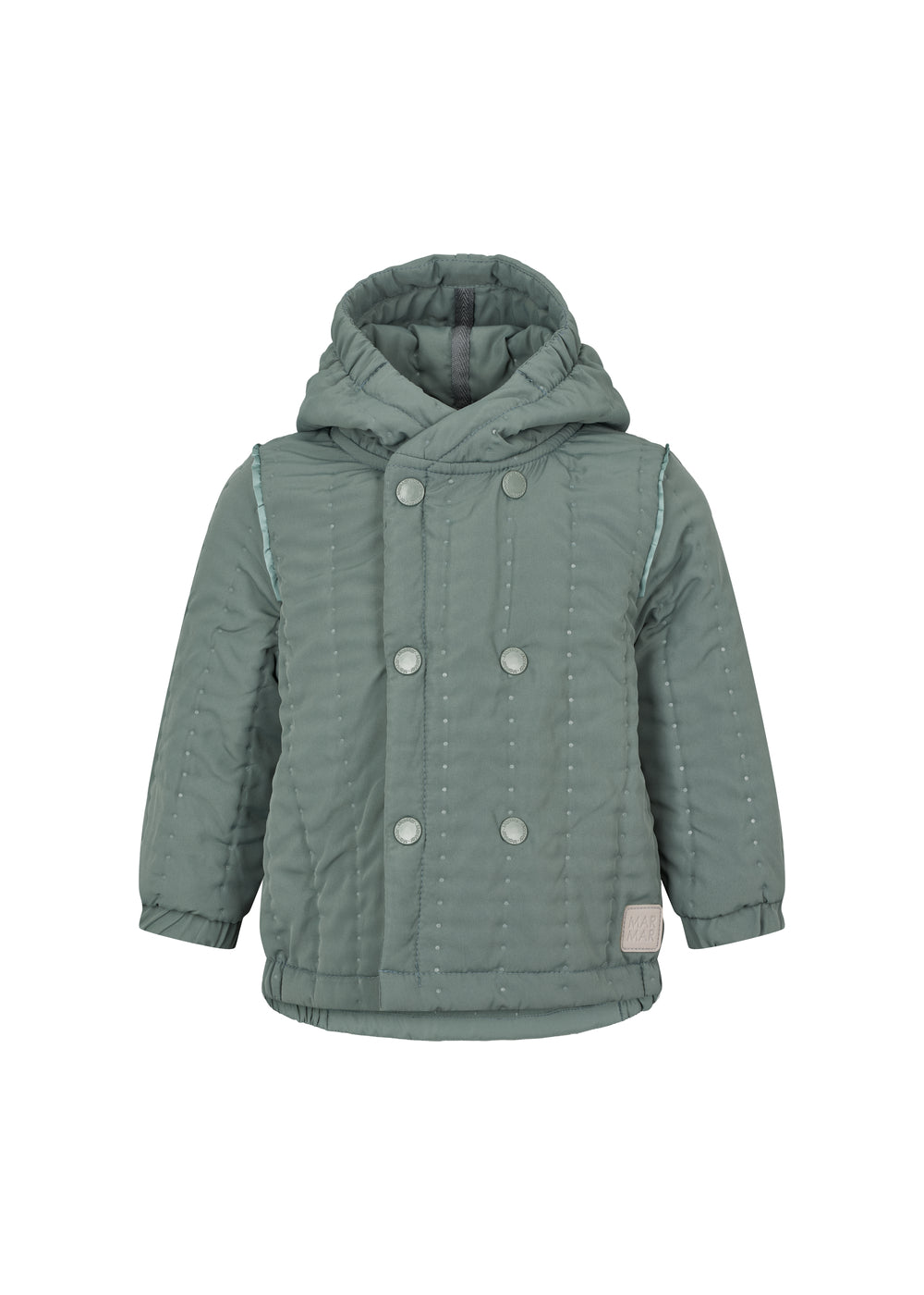støvet grøn termojakke med hætte og dobbeltradet knaplukning