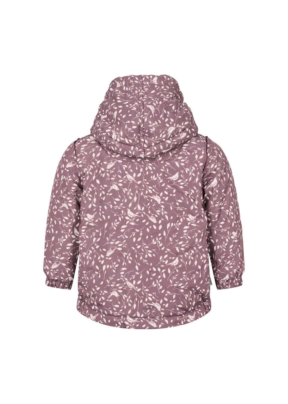 støvlilla termojakke med hvidt bladmønster og hætte