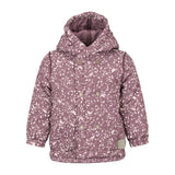 støvlilla termojakke med hvidt bladmønster og hætte