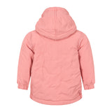 lyserød termojakke med hætte og dobbeltradet lukning
