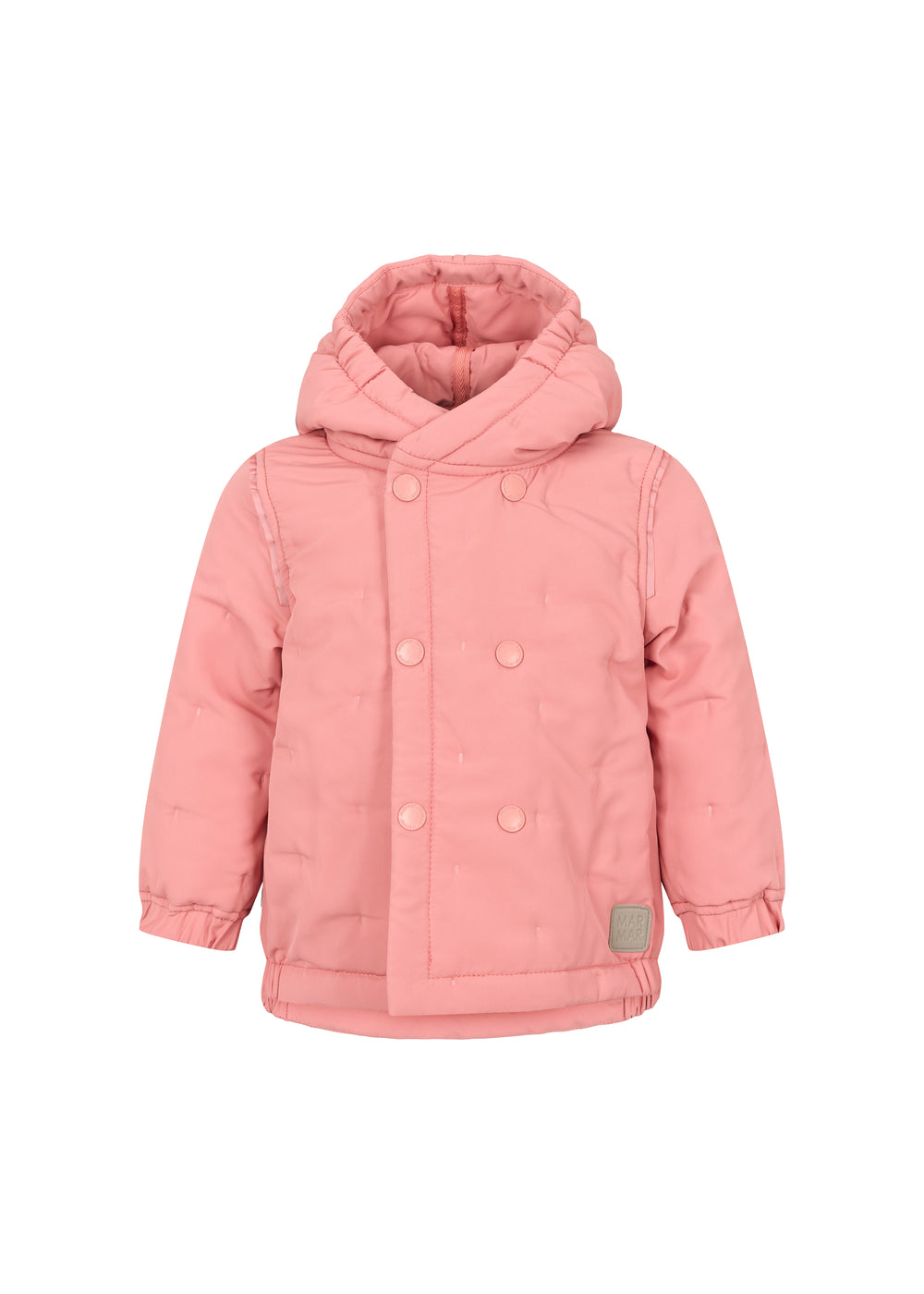 lyserød termojakke med hætte og dobbeltradet lukning