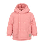 lyserød termojakke med hætte og dobbeltradet lukning