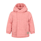 lyserød termojakke med hætte og dobbeltradet lukning