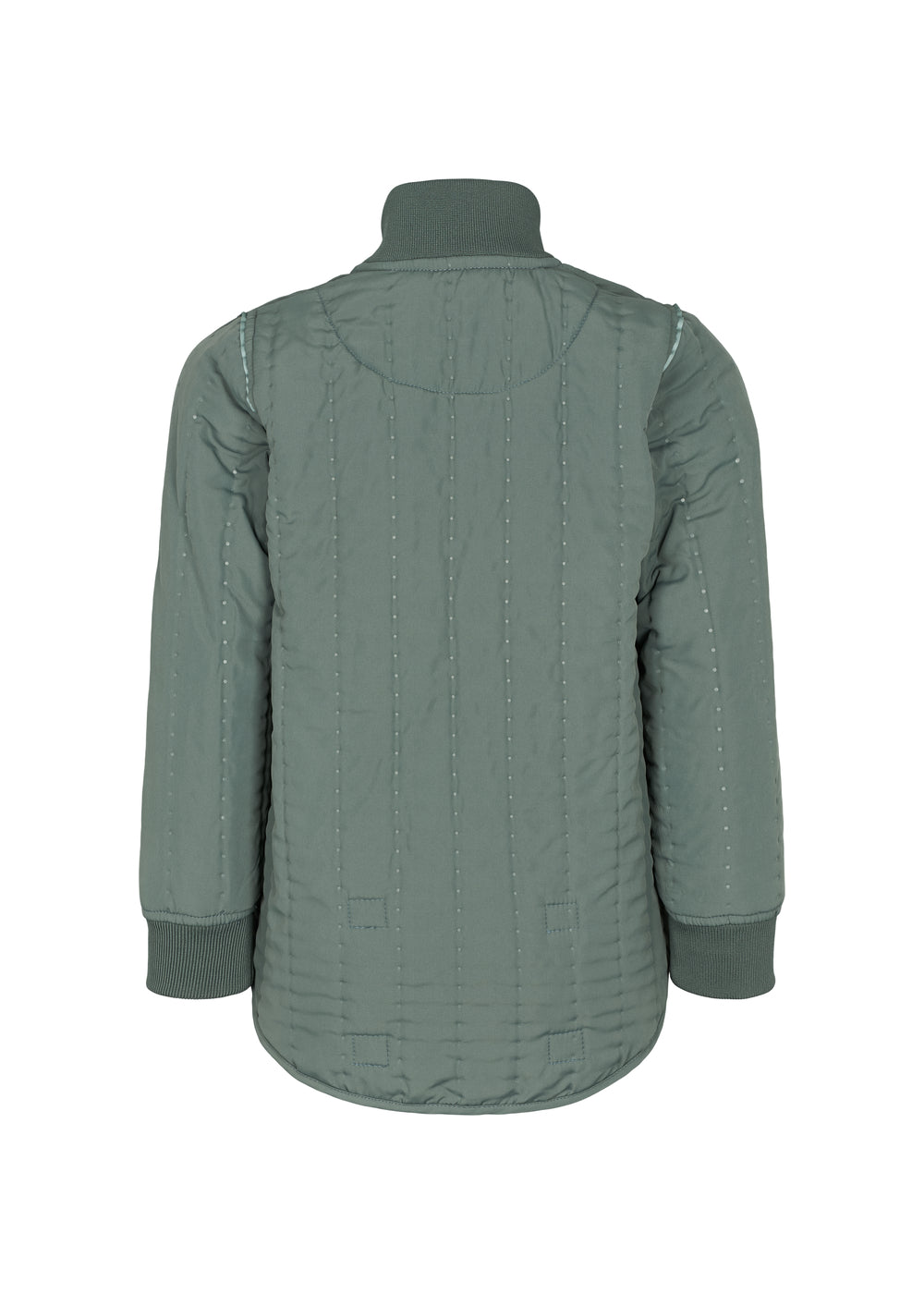 Bagside af støvet grøn termojakke til børn med buet kant