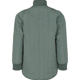 Bagside af støvet grøn termojakke til børn med buet kant