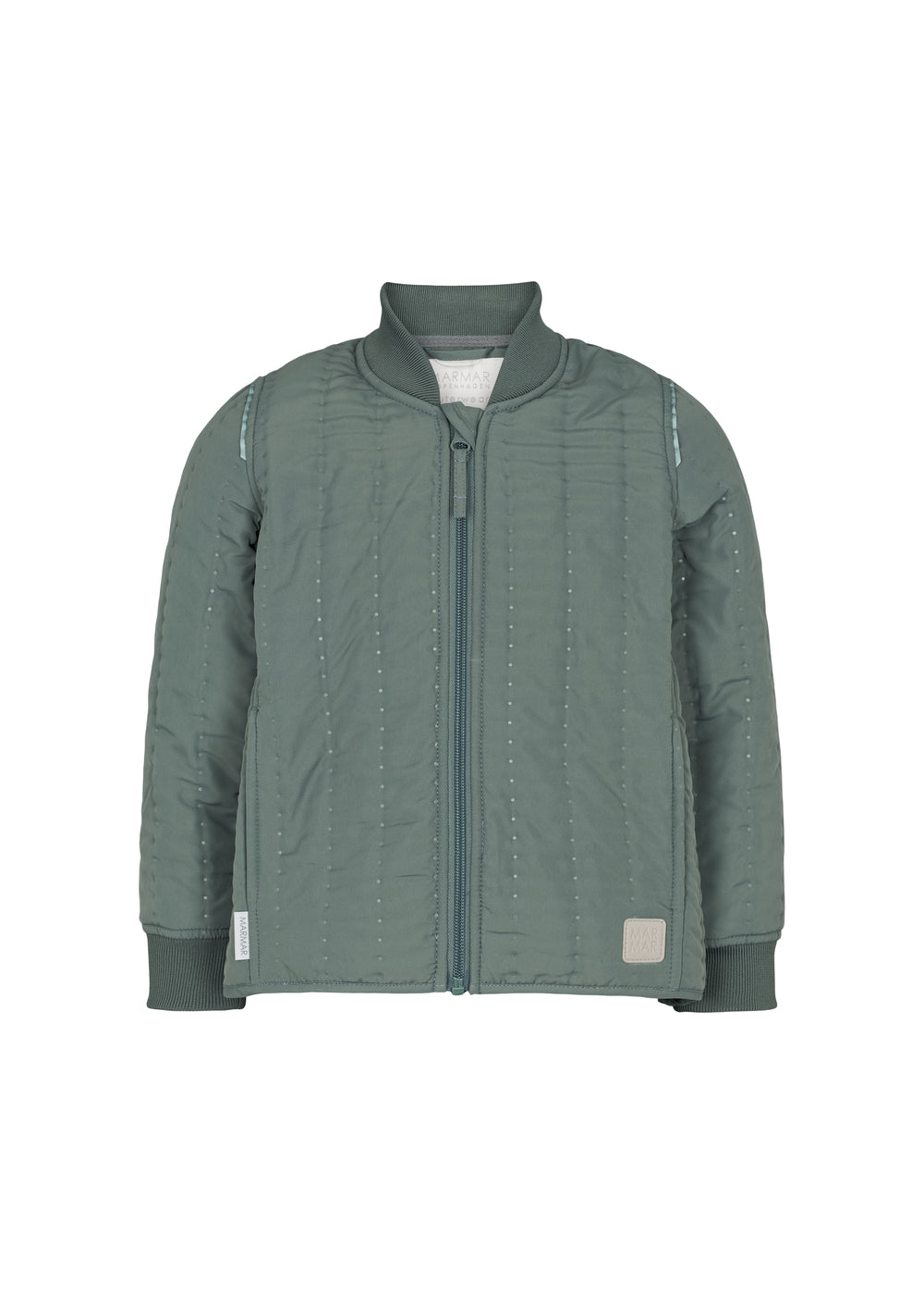 støvet grøn termojakke til børn med lynlås og ribkanter