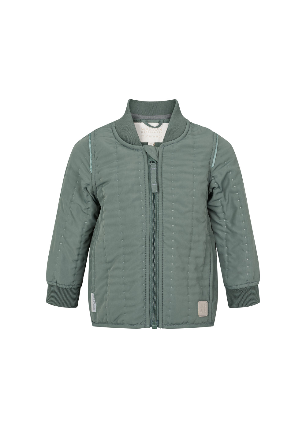støvet grøn termojakke til børn med lynlås og ribkanter