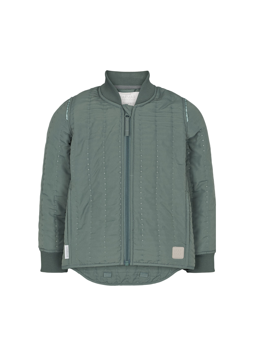 støvet grøn termojakke til børn med lynlås og ribkanter