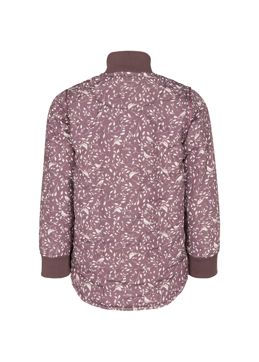 Bagside af støvlilla termojakke til børn med hvidt bladmønster og buet kant