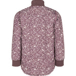 Bagside af støvlilla termojakke til børn med hvidt bladmønster og buet kant