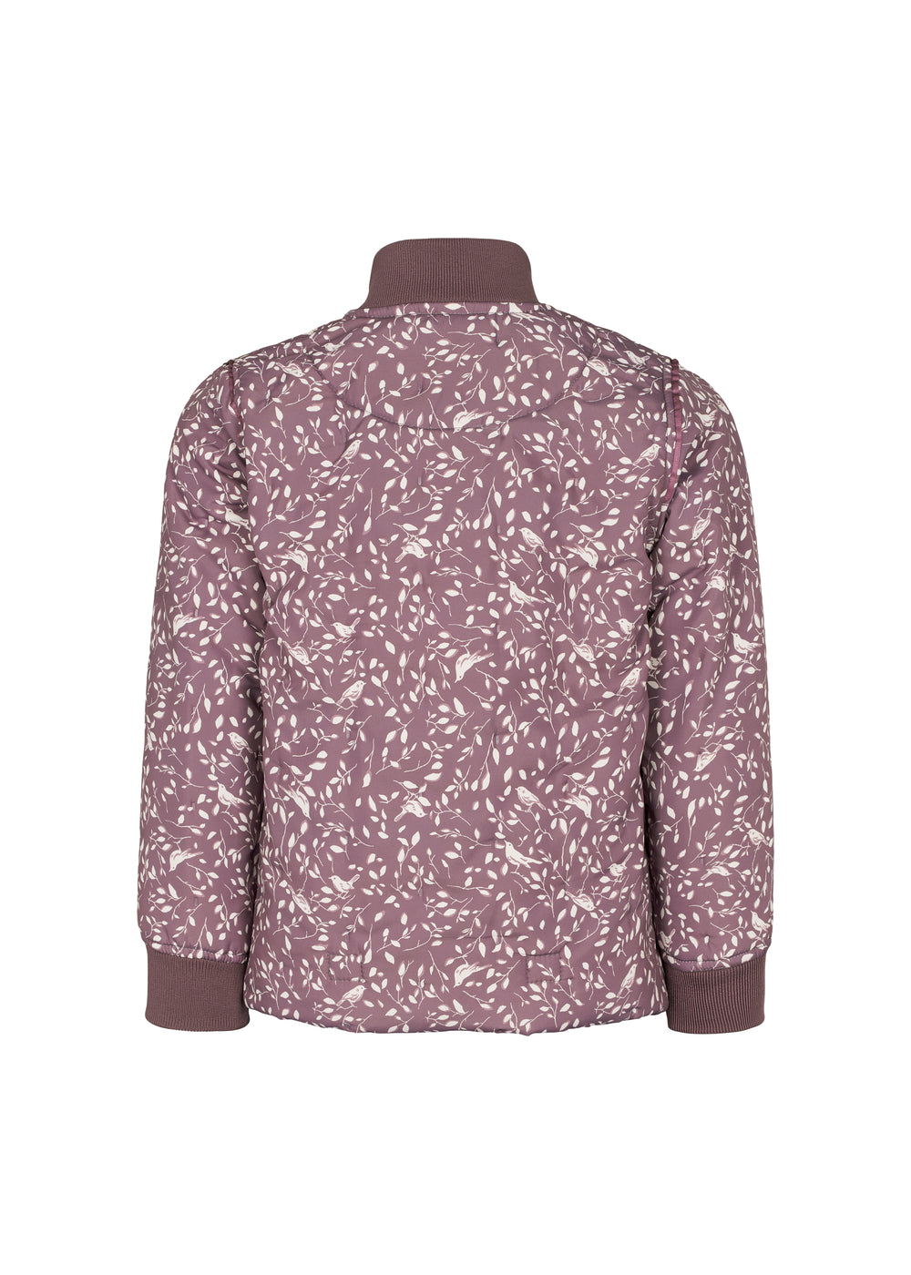 Bagside af støvlilla termojakke til børn med hvidt bladmønster og buet kant