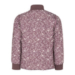 Bagside af støvlilla termojakke til børn med hvidt bladmønster og buet kant