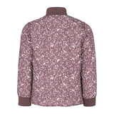 Bagside af støvlilla termojakke til børn med hvidt bladmønster og buet kant