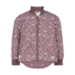 støvlilla termojakke til børn med hvidt bladmønster og ribmanchetter