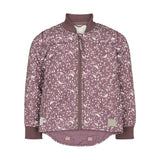 støvlilla termojakke til børn med hvidt bladmønster og ribmanchetter