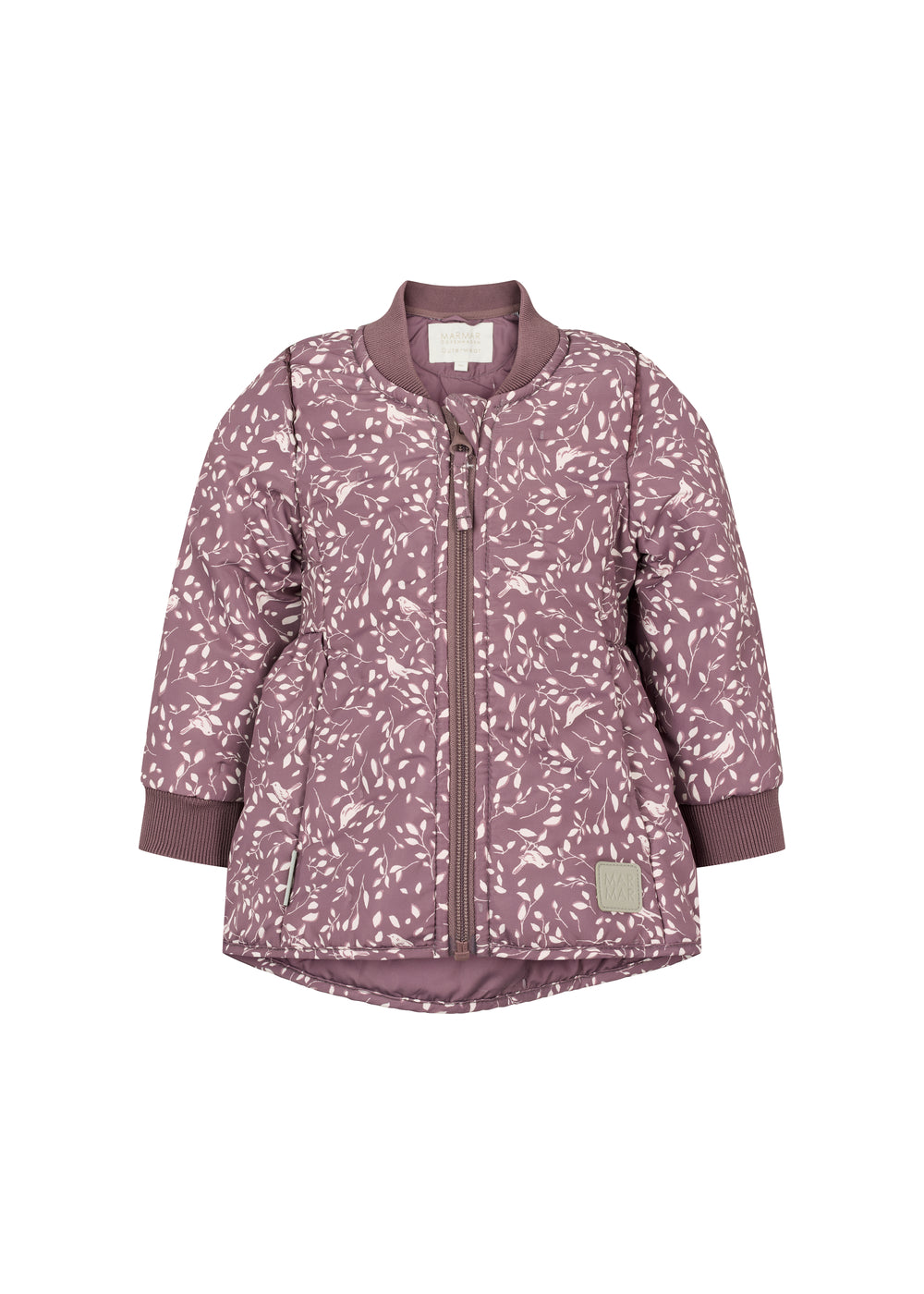 støvlilla termojakke med hvidt bladmønster og rundet kant