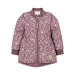 støvlilla termojakke med hvidt bladmønster og rundet kant