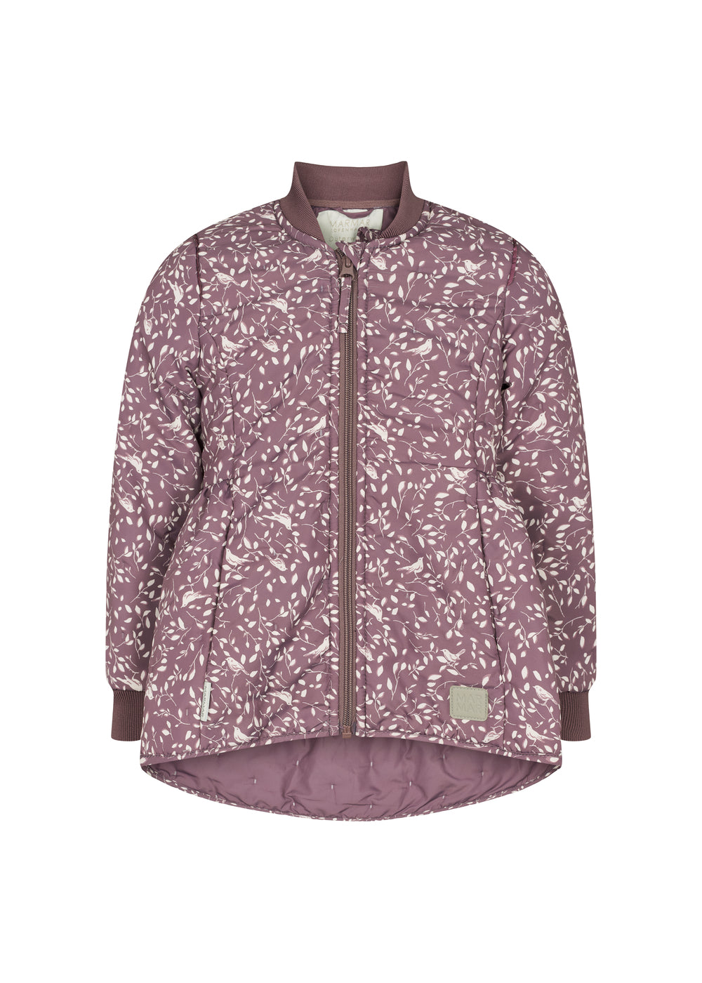 støvlilla termojakke med hvidt bladmønster og rundet kant