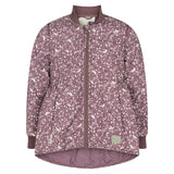 støvlilla termojakke med hvidt bladmønster og rundet kant