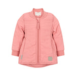 lyserød termojakke med lynlås og rundet kant bagpå