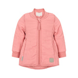 lyserød termojakke med lynlås og rundet kant bagpå