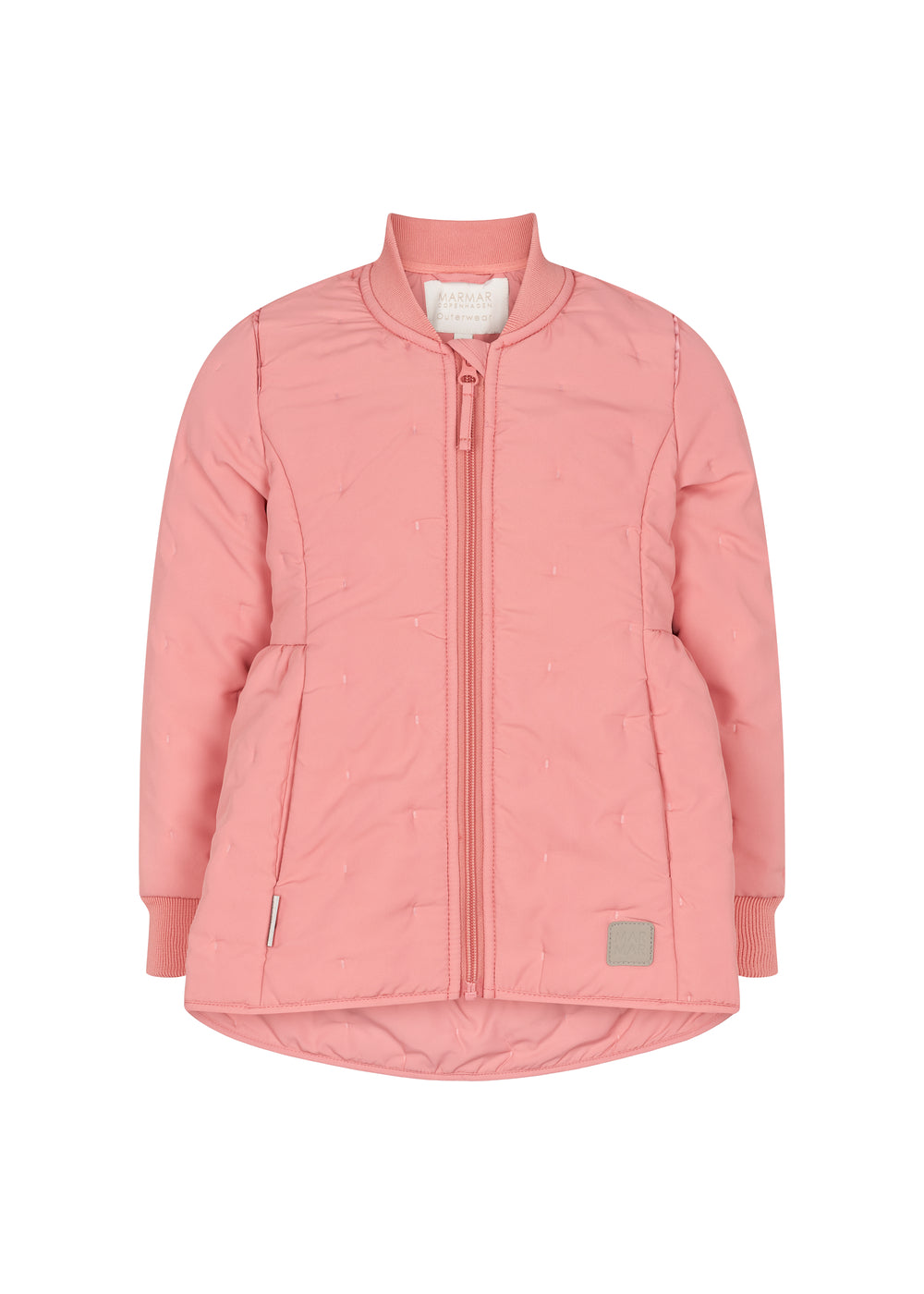 lyserød termojakke med lynlås og rundet kant bagpå