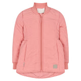 lyserød termojakke med lynlås og rundet kant bagpå