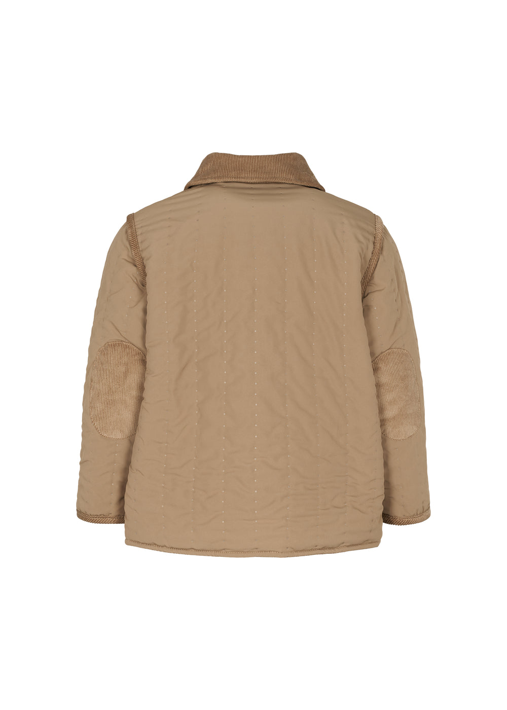 Bagside af brun quiltet termojakke med krave og lige snit