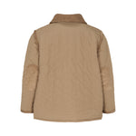 Bagside af brun quiltet termojakke med krave og lige snit