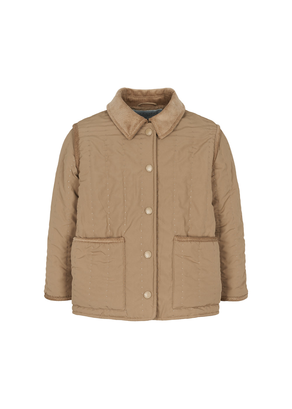 brun quiltet termojakke med krave og trykknapper