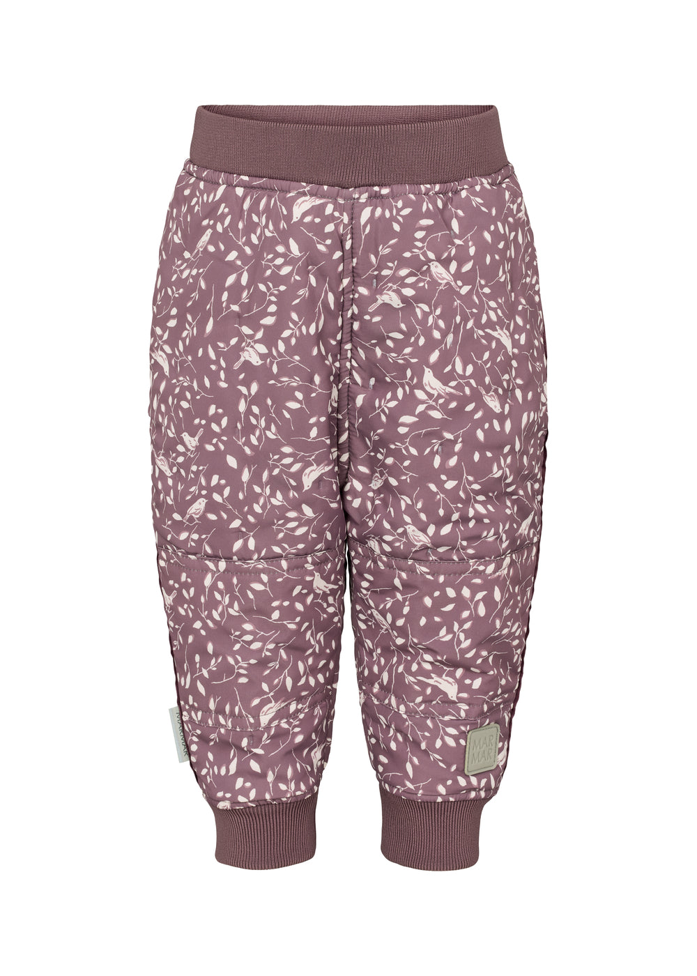 støvlilla termobukser med hvidt bladmønster og ribkant
