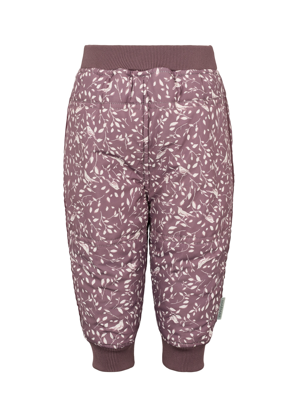 støvlilla termobukser med hvidt bladmønster og ribkant