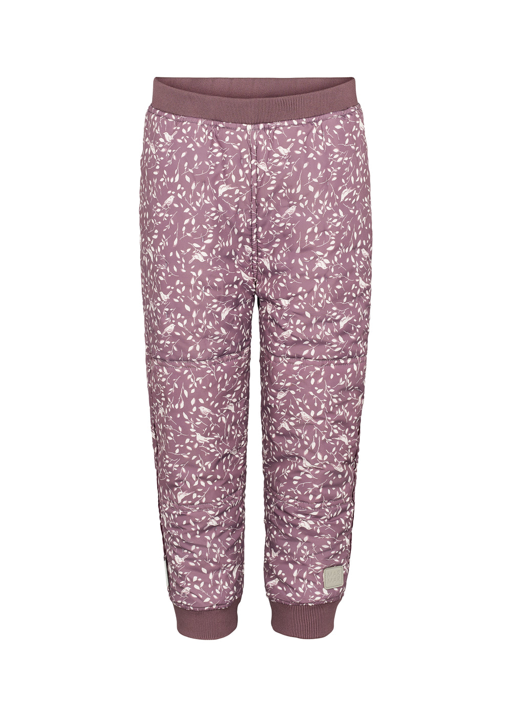 støvlilla termobukser med hvidt bladmønster og ribkant