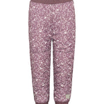 støvlilla termobukser med hvidt bladmønster og ribkant