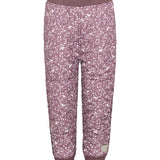 støvlilla termobukser med hvidt bladmønster og ribkant