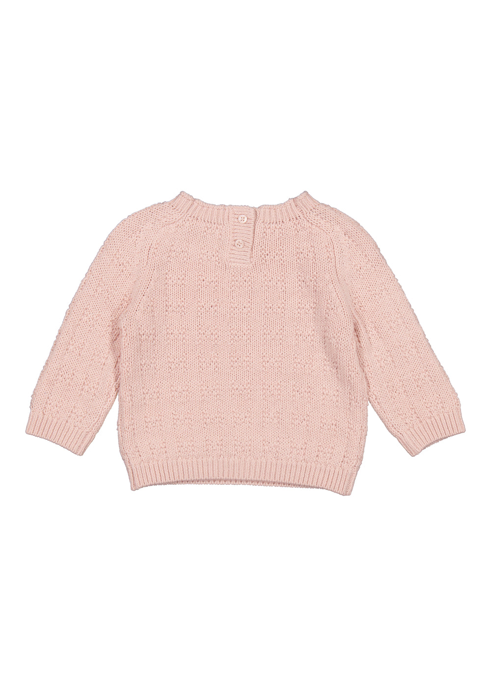 lyserød, strikket babytrøje med rund hals og hulmønster