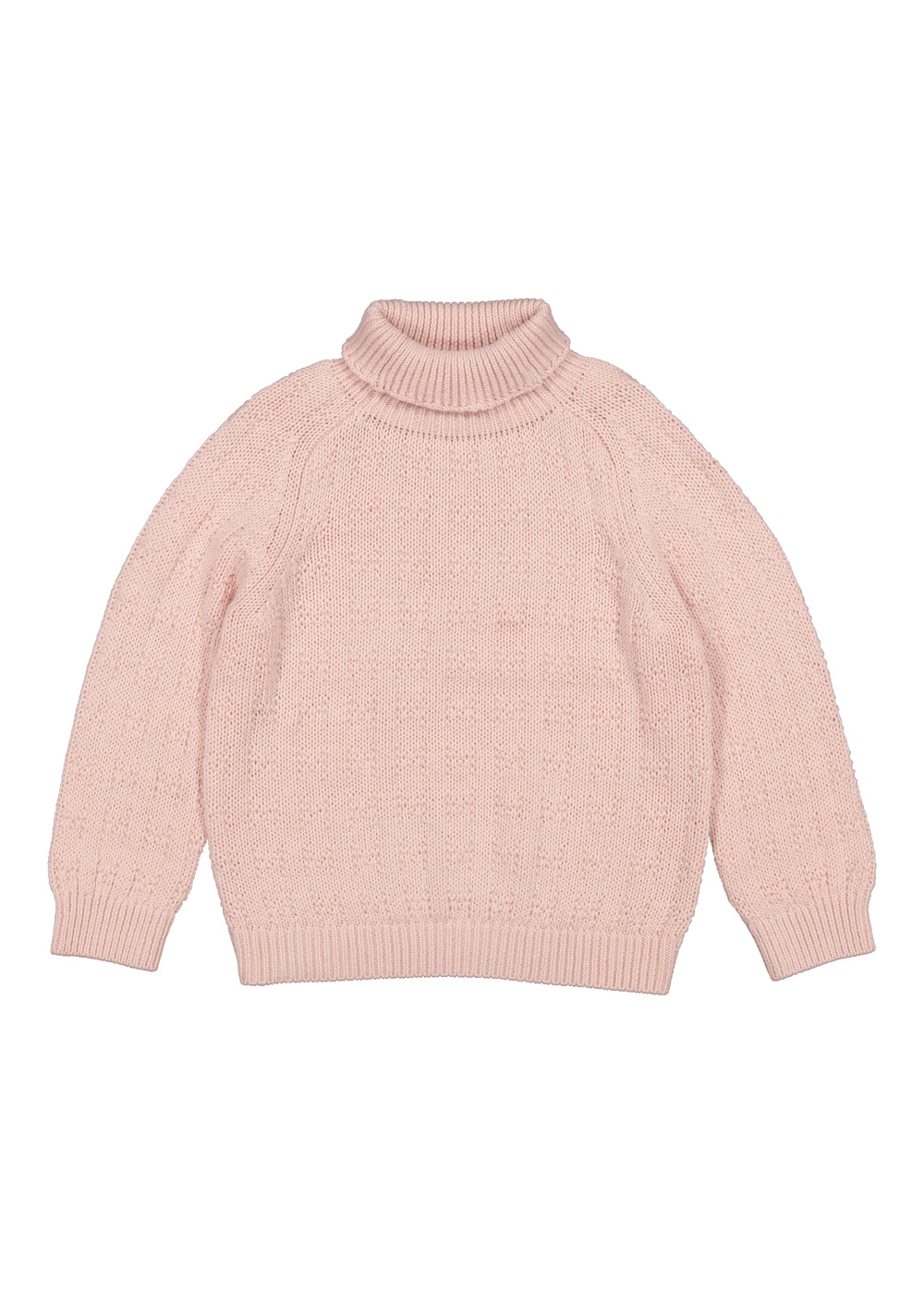 lyserød striktrøje med rullekrave og raglanærmer
