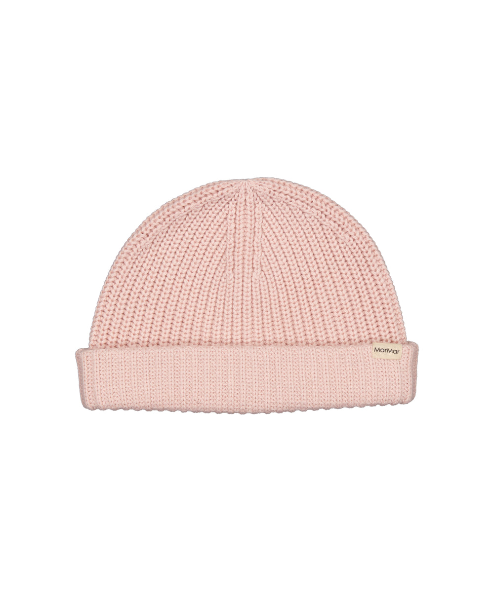 lyserød, strikket børnehue med opsmøg