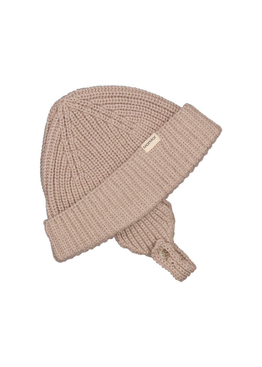 beige, strikket babyhue med opsmøg og hagerem