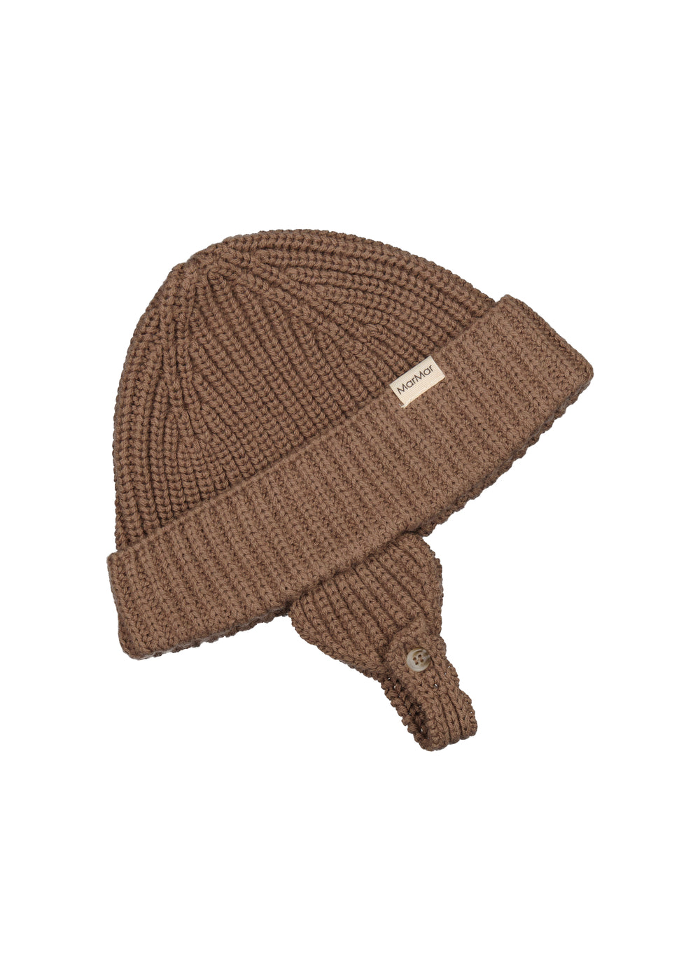 Brun strikket babyhue med opsmøg og hagerem