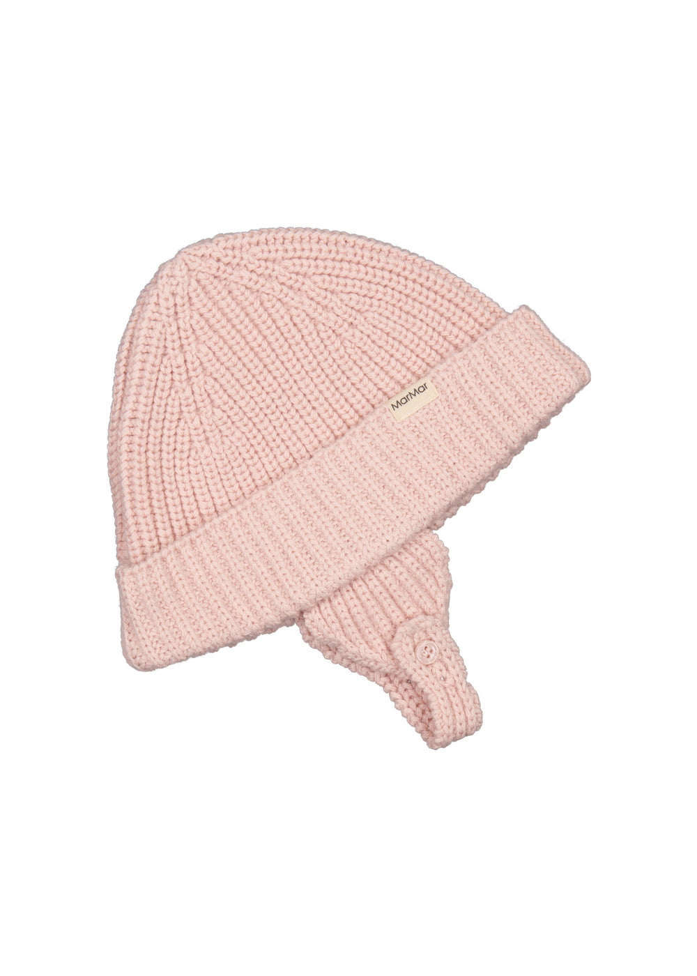 lyserød, strikket babyhue med opsmøg og hagerem