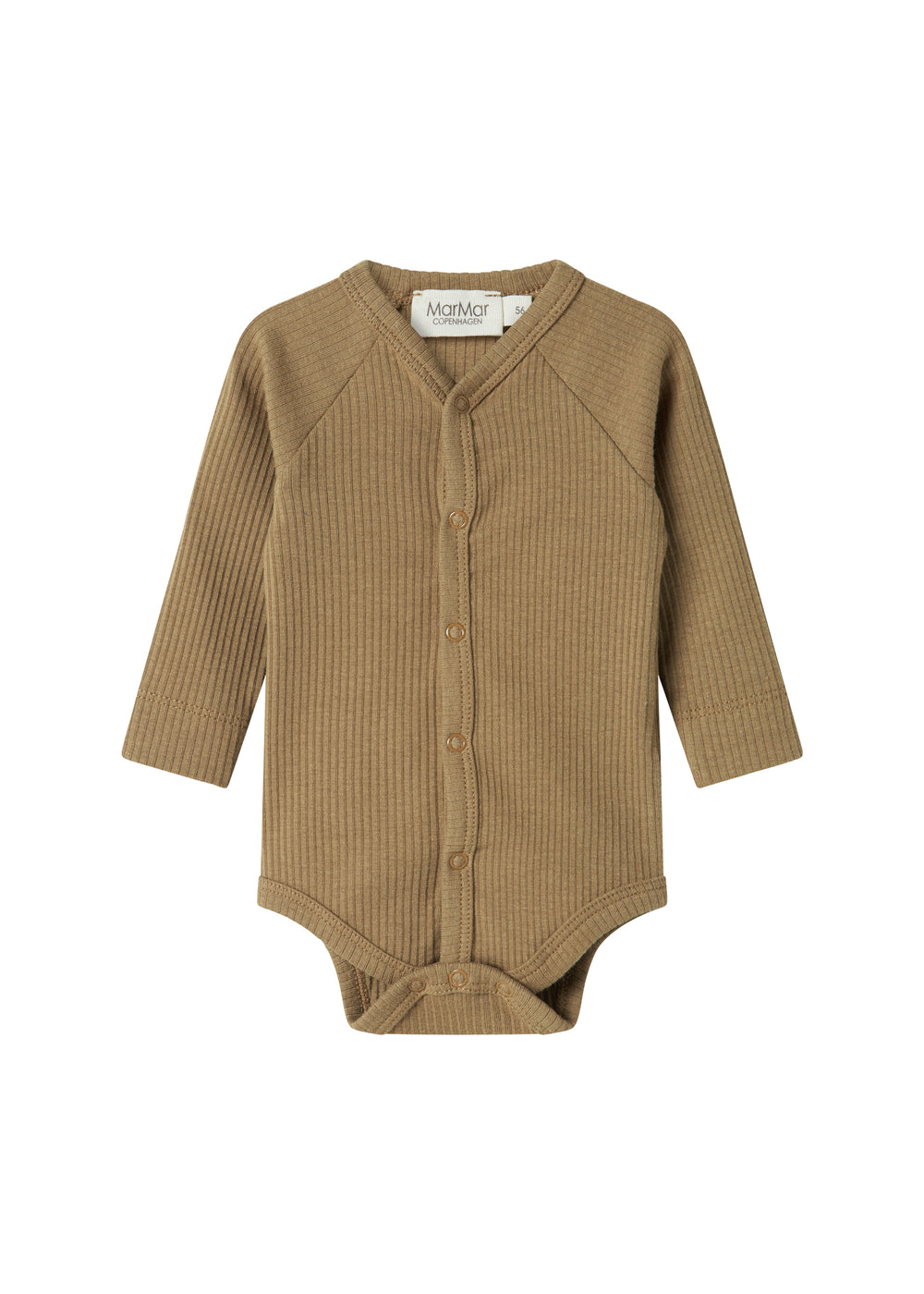 Brun ribstrikket babybody med knapper foran