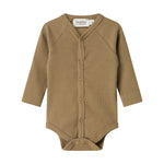 Brun ribstrikket babybody med knapper foran
