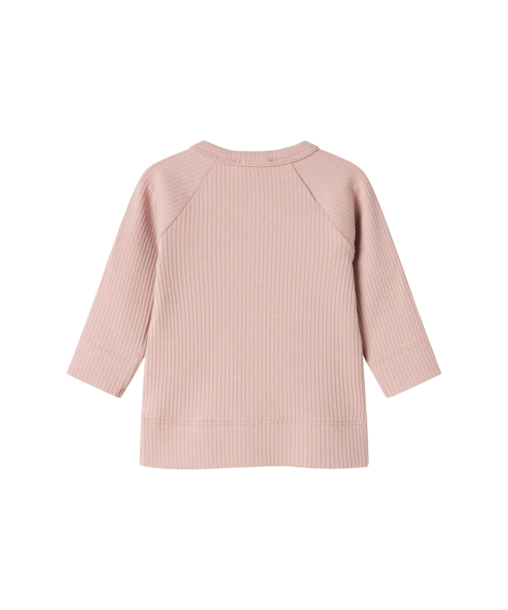 Lyserød ribstrikket cardigan til børn med knapper foran