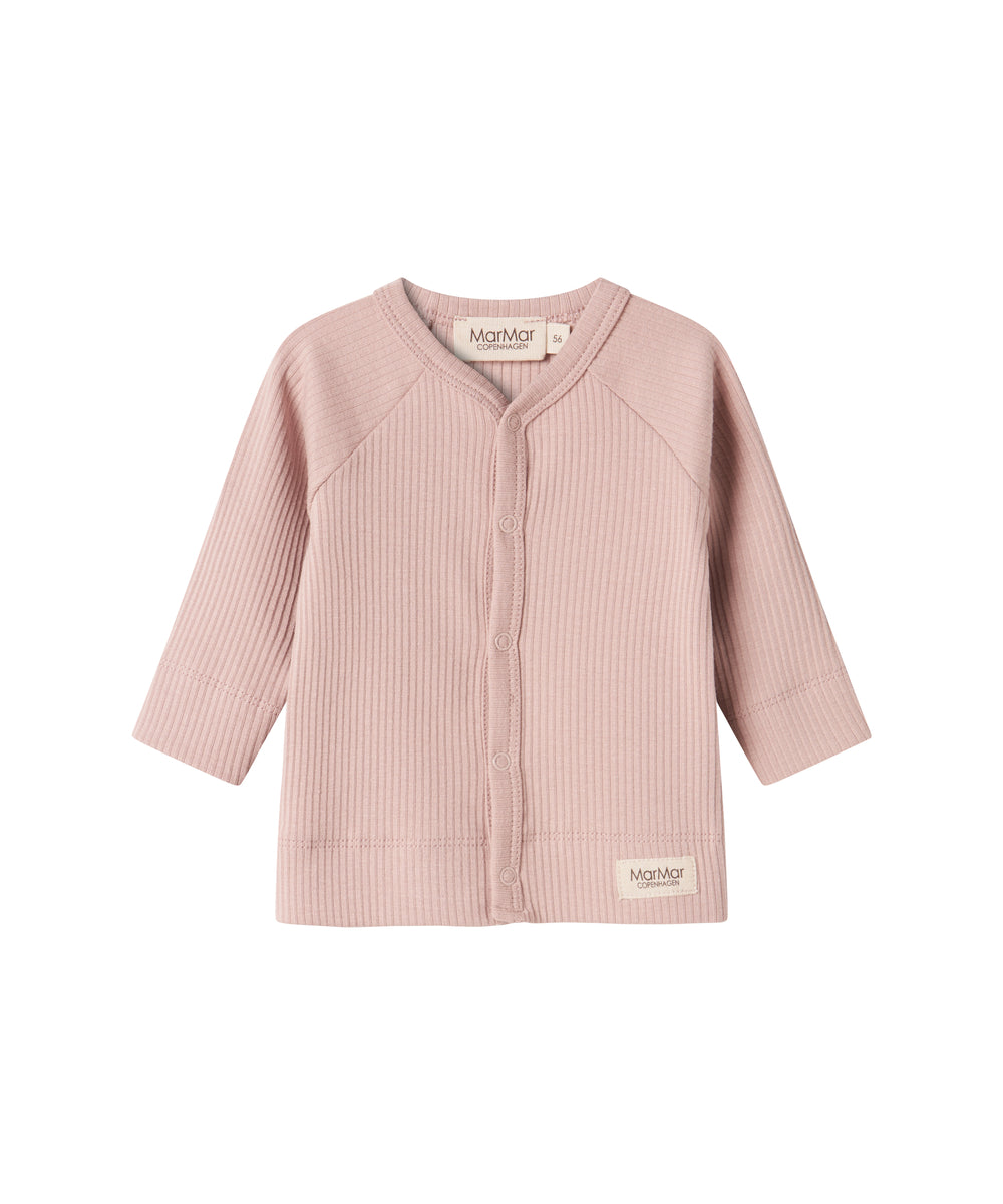Lyserød ribstrikket cardigan til børn med knapper foran